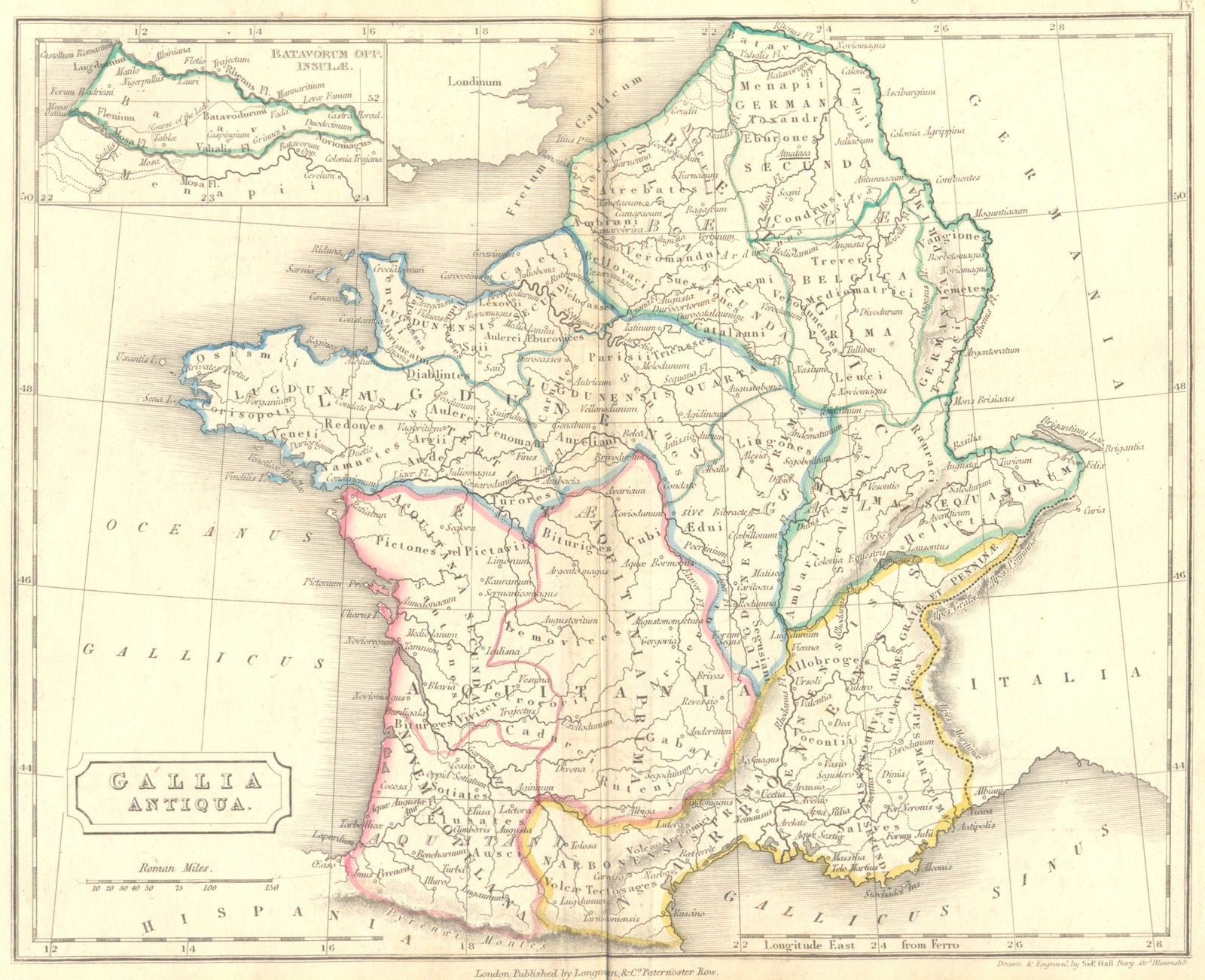FRANCE. Ancient Roman Gaul Gallia Antiqua. Hall 1830 old antique map chart